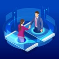 Isometric business handshake, global online collaboration, team collaboration, social network, and headhunting concept Royalty Free Stock Photo