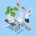 Isometric business and healthy lifestyle. Positive office worker distracted from work doing effective stretching Royalty Free Stock Photo