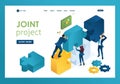 Isometric business joint project of a big team, teamwork, brainstorming. Template landing page