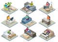 Isometric business man and woman working at home with laptop and papers on desk. Freelance or studying concept. Online