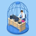 Isometric business man working at desk trapped inside birdcage. Stress at work. Overworked business man in jail Royalty Free Stock Photo