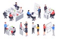 Isometric business office team. Corporate teamwork meeting, employee workplace and people work 3D vector illustration set Royalty Free Stock Photo