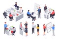 Isometric business office team. Corporate teamwork meeting, employee workplace and people work 3D vector illustration Royalty Free Stock Photo
