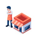 Isometric Business Owner Standing in front of His Shop