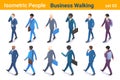 Isometric Business People flat vector collection. Businessman walking with briefcase bag and talking or looking on Mobile phone Royalty Free Stock Photo