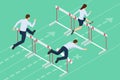 Isometric business people jumping over obstacle. Overcome obstacles. Business competition concept.