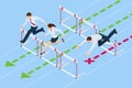 Isometric business people jumping over obstacle. Overcome obstacles. Business competition concept.