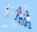 Isometric business people and robot fighting with artificial intelligence in suit pull the rope, competition, conflict Royalty Free Stock Photo