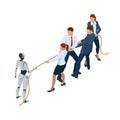 Isometric business people and robot fighting with artificial intelligence in suit pull the rope, competition, conflict