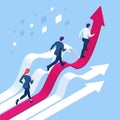 Isometric Business people running towards the susses. Concept of business competition. Manager jumped arrows growing up Royalty Free Stock Photo