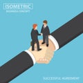 Isometric business people shaking hands on big handshake.