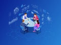 Isometric business people talking conference meeting room. Team work process. Business management teamwork meeting and Royalty Free Stock Photo