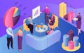 Isometric business people teamwork, vector illustration, 3d tiny man woman character work with infographic, team meeting Royalty Free Stock Photo