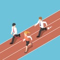 Isometric business rival hold finish line away from businessman.