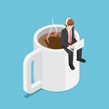 Isometric business sitting on coffee cup and working on laptop