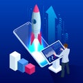 Isometric Business Start Up Concept. Startup technology concept with spaceship. Isometric design for business startup