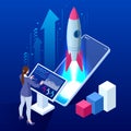 Isometric Business Start Up Concept. Startup technology concept with spaceship. Isometric design for business startup