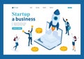 Isometric business startup, businessmen rejoice rocket take-off from laptop, business investment. Template Landing page