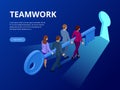 Isometric Business Success Key Concept. Business teamwork key of success concept. Group of people lifting key to success Royalty Free Stock Photo