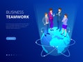 Isometric business team, business people concept. Web banner. Business people are standing on a world globe. New ideas Royalty Free Stock Photo