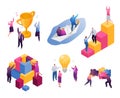 Isometric business teamwork vector illustration set, cartoon tiny businessman and businesswoman group work together Royalty Free Stock Photo