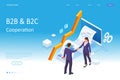 Isometric Business to Business Marketing, B2B Solution, business marketing concept. Two business partners shaking hands.