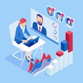 Isometric business training online or business people in a video conference at business meeting concept. Royalty Free Stock Photo