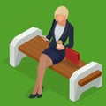 Isometric business woman in corporate clothing, stylish clothing.Business woman resting on bench in park and looking