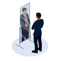 Isometric businessman adjusting tie in front of the mirror. Man checking his appearance in the mirror. Businessman