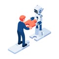 Isometric Businessman and AI Robot Assembly Jigsaw Together