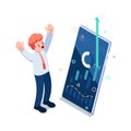 Isometric Businessman with All Time High Graph on Smartphone