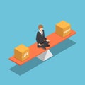 Isometric businessman balancing his life and work on seesaw.