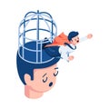 Isometric Businessman Breaking Cage on Head