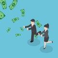 Isometric businessman and businesswoman chasing falling dollar m