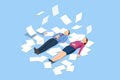 Isometric businessman lying down beside low battery indicator. Unhappy tired office worker manager man character lying