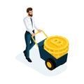 Isometric businessman carrying large gold coins Crypto Currency, Bitcoin concept of saving money. Vector illustration of a finan