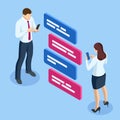 Isometric businessman character communication online social network. Social media internet connection global