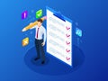 Isometric businessman with checklist and to do list. Clipboard with a checklist. Project management, planning and Royalty Free Stock Photo