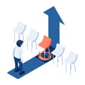 Isometric Businessman with Chosen Chair and Rising Arrow