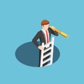 Isometric businessman climbs out of the hole by ladder and using telescope