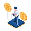 Isometric Businessman Connecting Bitcoin and Dollar