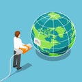 Isometric businessman connecting network cable to the world Royalty Free Stock Photo