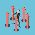 Isometric businessman controlling business arrow up from the floor