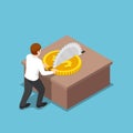 Isometric businessman cut a coin in half on table saw