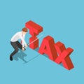 Isometric businessman cutting tax word by japanese katana sword