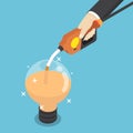 Isometric businessman filling light bulb of idea by fuel nozzle.