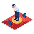 Isometric Businessman Floating on Red Ocean Market inside Digital Tablet