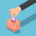 Isometric businessman hand collect time into piggy bank.