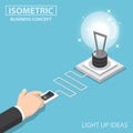 Isometric businessman hand pushing switch to turn light bulb of