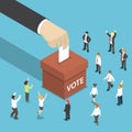 Isometric businessman hand put voting paper in the ballot box. Royalty Free Stock Photo